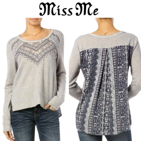 MISS ME  Sweater  Top  long sleeves  mixed fabrics  floral - SIZE LARGE - Picture 1 of 12